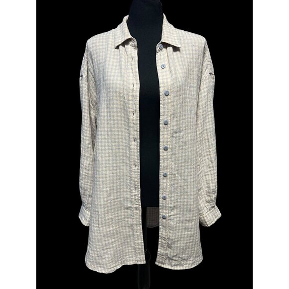 Poetry Plaid Button-Up Shirt WOMEN LARGE Oversized Beige & Blue Plaid With Colla - Picture 1 of 8